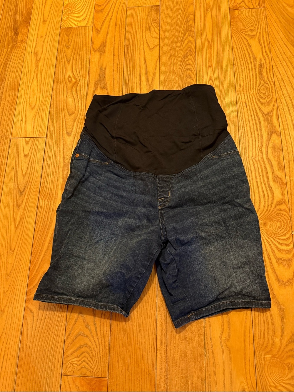 Dark Wash Maternity Denim Shorts with Black Stretch Panel